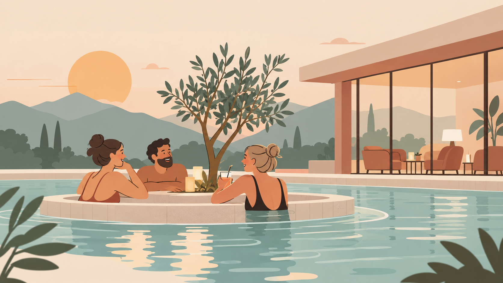 Illustration: Drei Personen unterhalten sich an einer Sitzinsel im Außenpool. Im Hintergrund ist ein leerer Hotel-Loungebereich zu sehen.